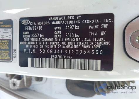 2016 Kia Optima Ex z USA, uszkodzony, nr VIN 5XXGU4L31GG054660